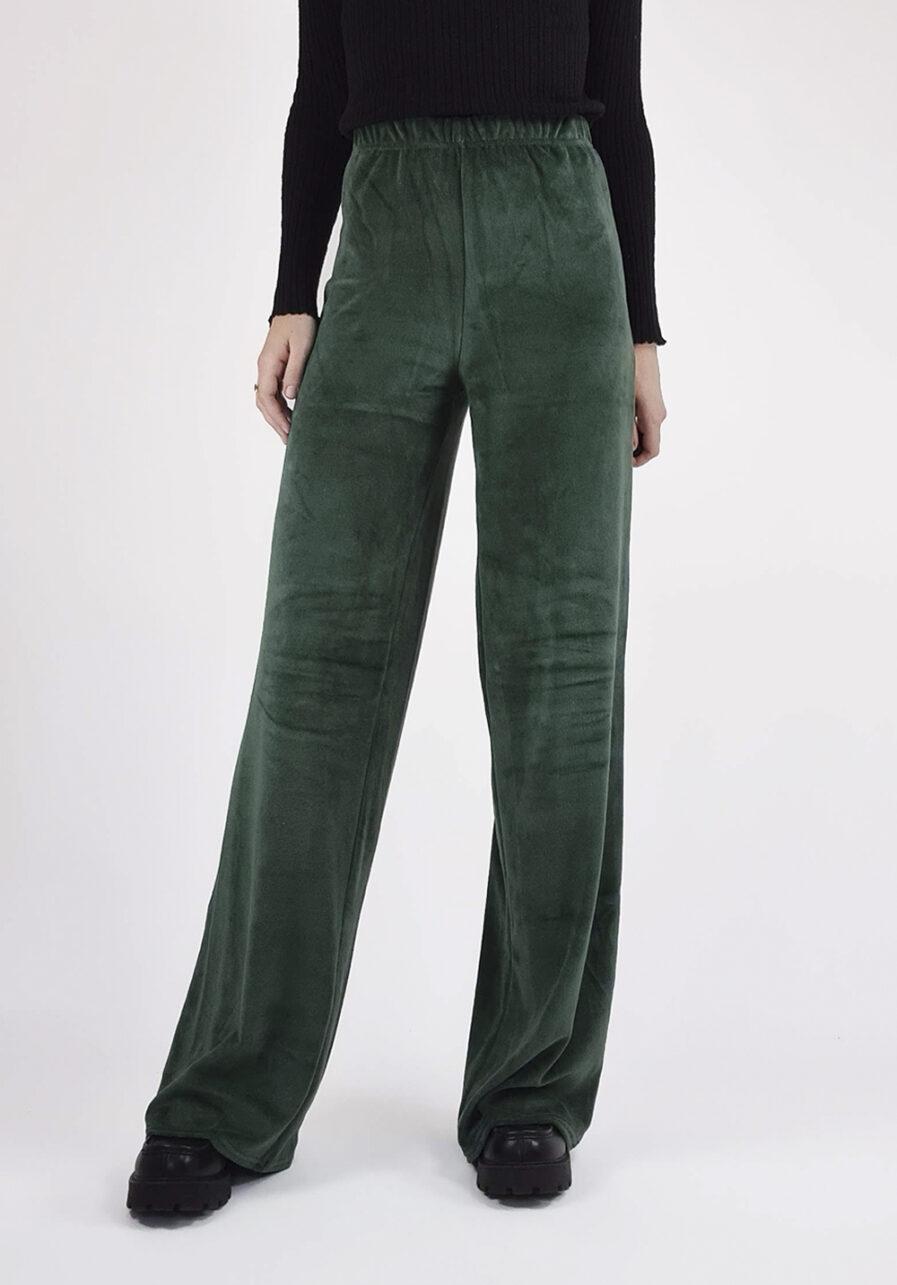 Velvet wide leg flared pants donker groen - voorkant